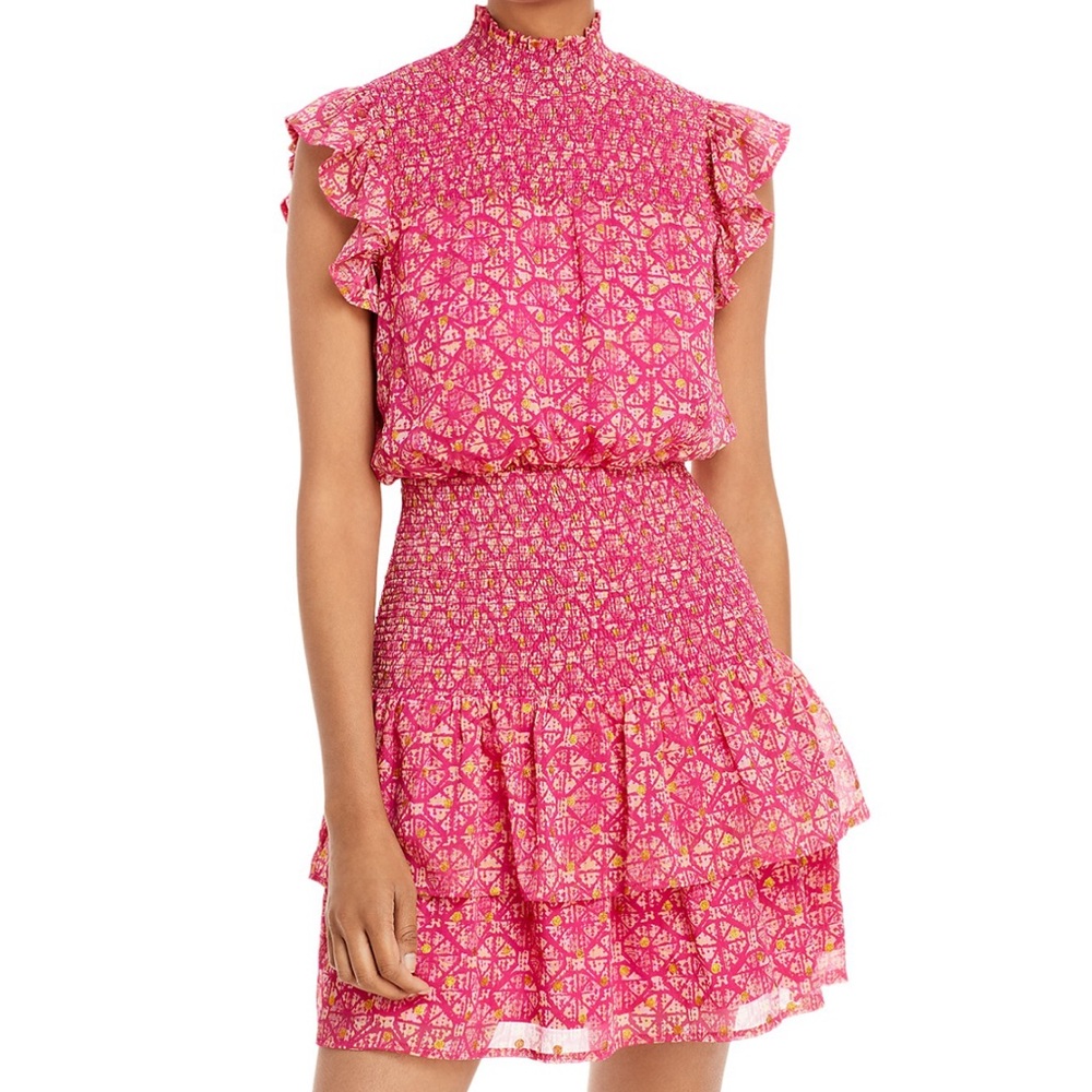 AQUA Pink and Gold Ruffle Smock Neck Cocktail Dress